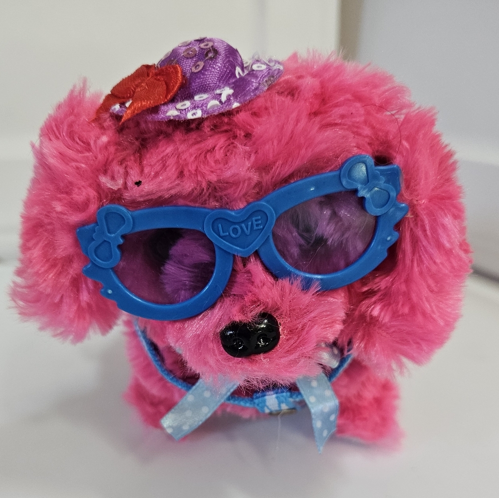 Electronic Barking Running Dog Glasses Soft Toy Pet Puppy Pink Works 6"